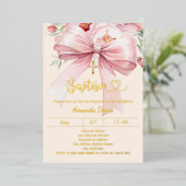 Invitation En Aluminium Ruban rose crème fleurs fille Baptême or (Debout devant)