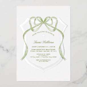 Invitation En Aluminium Ruban Vert Sage Crête Argentée Baptême