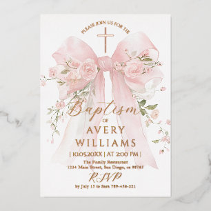 Invitation En Aluminium Rubans Floraux Or et Rose Garçon Baptême Élégant