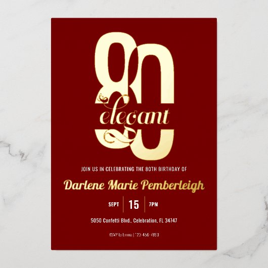 Invitation En Aluminium Ruby Red Eighty & Élégant 80e Anniversaire Or (Recto)
