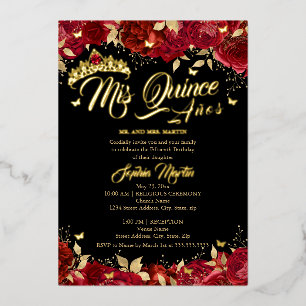 Invitation En Aluminium Ruby Red Gold Black Rose Mis Quince Quinceanera