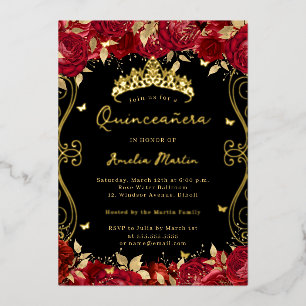 Invitation En Aluminium Ruby Red Gold Swirl Scroll Floral Quinceanera