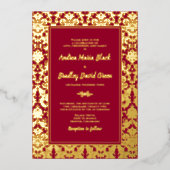 Invitation En Aluminium Ruby Red Real Gold Foil Mariage damassé (Recto)
