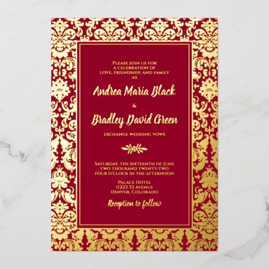 Invitation En Aluminium Ruby Red Real Gold Foil Mariage damassé (Recto)