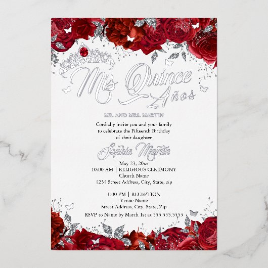 Invitation En Aluminium Ruby Rose Mis Quince Red Silver Quinceanera (Recto)