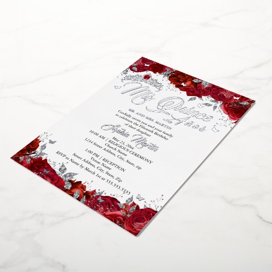 Invitation En Aluminium Ruby Rose Mis Quince Red Silver Quinceanera (Rotation)