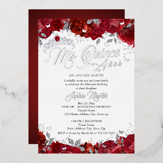 Invitation En Aluminium Ruby Rose Mis Quince Red Silver Quinceanera (Recto/Verso)