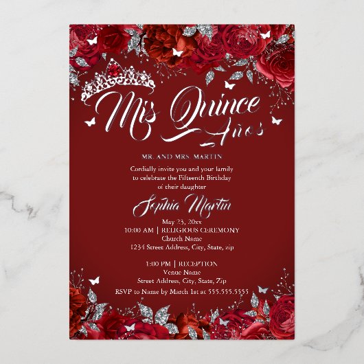 Invitation En Aluminium Ruby Rose Rouge Argent Mis Quince Quinceanera (Recto)