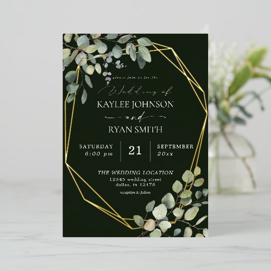 Invitation En Aluminium Russe Eucalyptus & Gold Frame Mariage Vert Real (Debout devant)