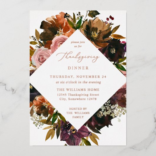 Invitation En Aluminium Russe Gold Fall Floral Thanksgiving S2 (Recto)