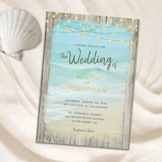 Invitation En Aluminium Rustic Beach String Lights Gold Foil Wedding