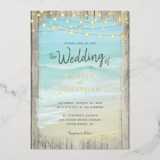 Invitation En Aluminium Rustic Beach String Lights Gold Foil Wedding (Recto)