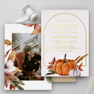 Invitation En Aluminium Rustic Boho Arch Citrouille Photo Mariage Gold