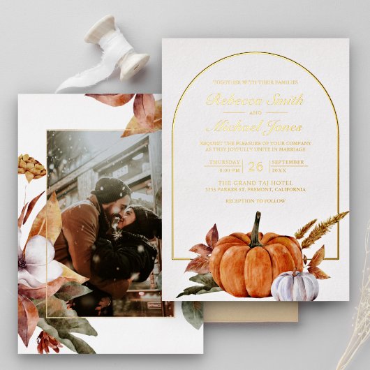 Invitation En Aluminium Rustic Boho Arch Citrouille Photo Mariage Gold