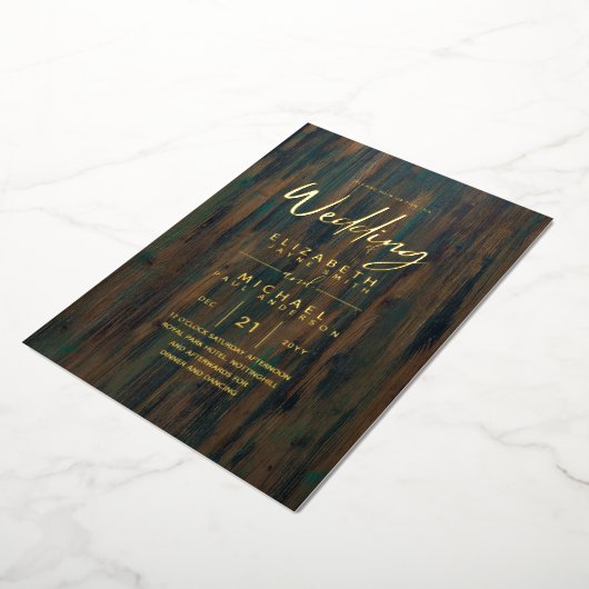 Invitation En Aluminium Rustic GOLD FOIL Texte Bois Look Mariage Élégant (Rotation)