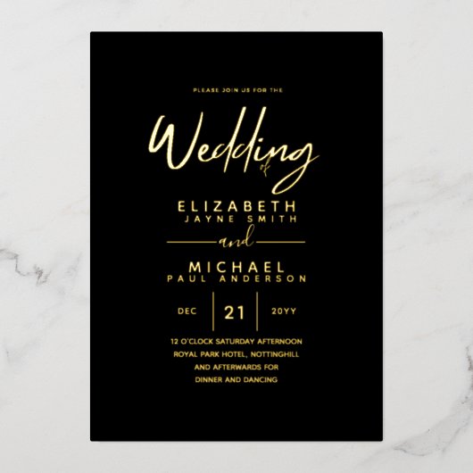 Invitation En Aluminium Rustic GOLD FOIL Texte Mariage noir élégant (Recto)