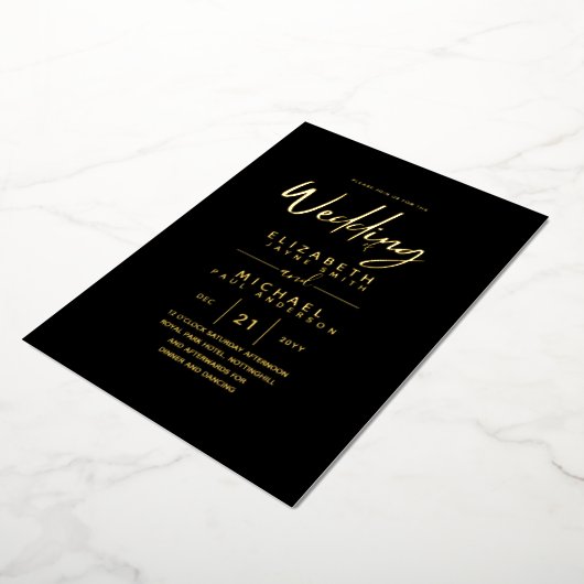 Invitation En Aluminium Rustic GOLD FOIL Texte Mariage noir élégant (Rotation)