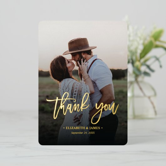 Invitation En Aluminium Rustic Gold Script Merci photo Mariage (Debout devant)