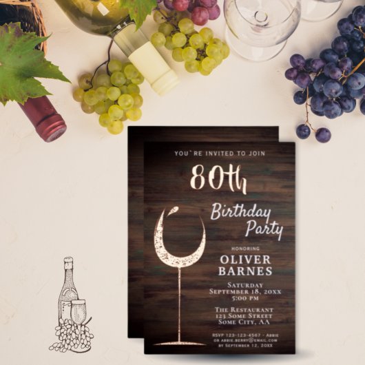 Invitation En Aluminium Rustic Gold Wine Glass Wood 80th Birthday