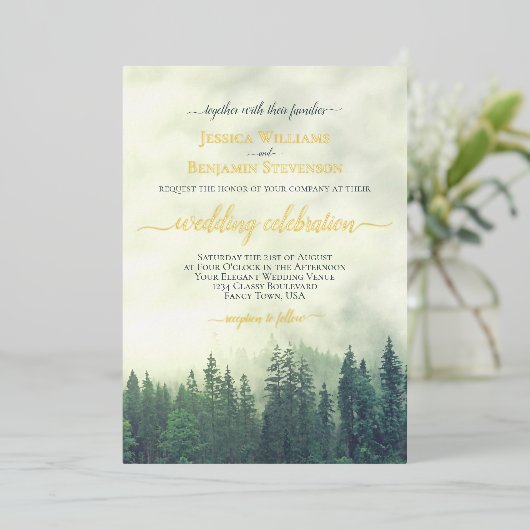 Invitation En Aluminium Rustic Green Pine Trees Elegant Wedding  (Debout devant)