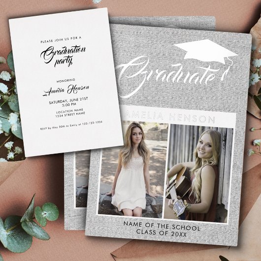Invitation En Aluminium Rustic Grey Graduate 2 Photo Graduate Argent