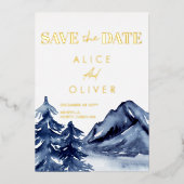 Invitation En Aluminium Rustic Navy Blue Trees Mountain Enregistrer la dat (Recto)