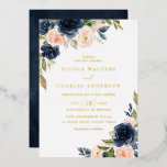 Invitation En Aluminium Rustic Watercolor Blush et Navy Flowers Mariage<br><div class="desc">Famille Invitation et amis avec cette feuille d'or floral pressé faire-part de mariage. Il présente un bouquet floral aquarelle bleu marine et des fleurs roses rousses aux accents de verdure. Vous pouvez modifier le verso de l'invitation en une photo ou une autre image. Cette faire-part de mariage florale rousse et...</div>