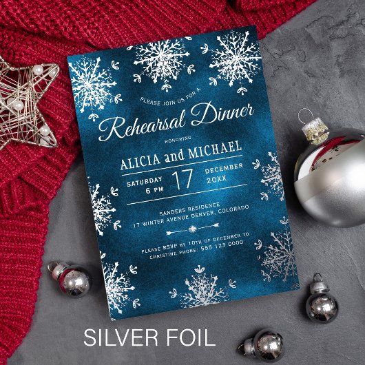 Invitation En Aluminium Rustic winter silver snowflakes rehearsal dinner