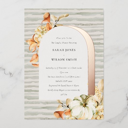 Invitation En Aluminium Rustique Automne Citrouille Arc Floral Couples Dou (Recto)