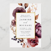 Invitation En Aluminium Rustique Automne Marsala Floral Photo Mariage (Recto)