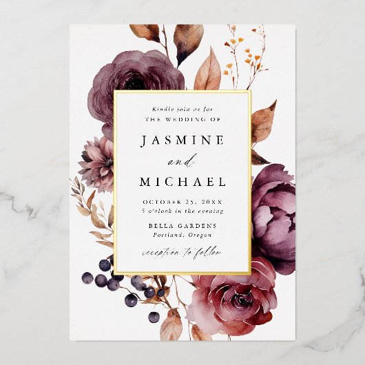 Invitation En Aluminium Rustique Automne Marsala Floral Photo Mariage (Recto)