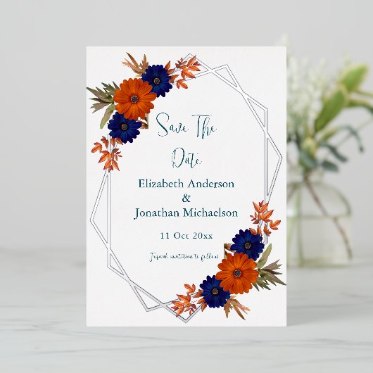 Invitation En Aluminium Rustique Automne Orange Marine Bleu Enregistrer La (Debout devant)