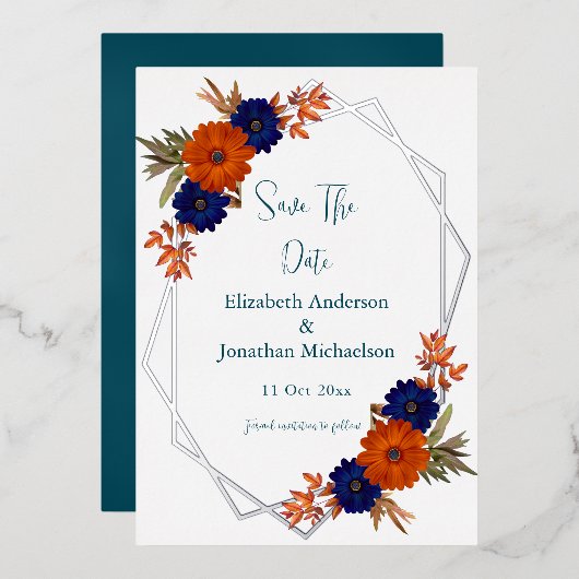Invitation En Aluminium Rustique Automne Orange Marine Bleu Enregistrer La (Recto/Verso)