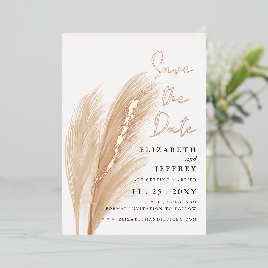 Invitation En Aluminium Rustique Boho Pampas Photo Enregistrer La Date Foi (Debout devant)