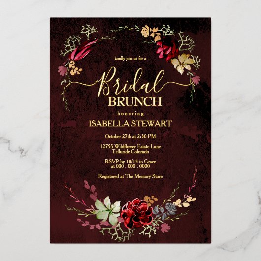 Invitation En Aluminium Rustique Bourgogne Aquarelle Chic Boho Bridal Brun (Recto)