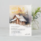 Invitation En Aluminium Rustique Cabine aquarelle Mariage d'hiver (Debout devant)