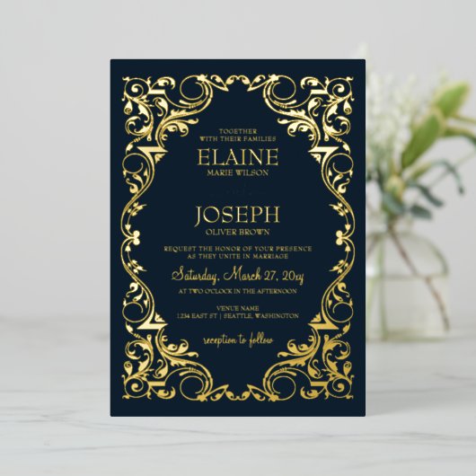 Invitation En Aluminium Rustique Elegant Marine et Mariage d'or (Debout devant)