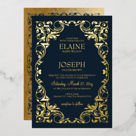 Invitation En Aluminium Rustique Elegant Marine et Mariage d'or (Recto/Verso)