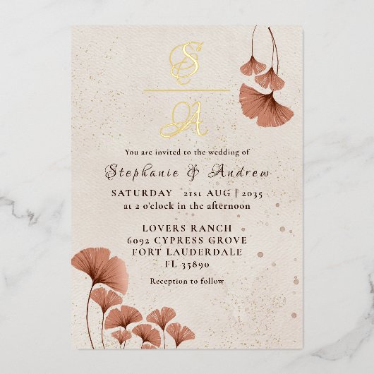 Invitation En Aluminium Rustique Terracotta & Real Gold Monogram Mariage (Recto)