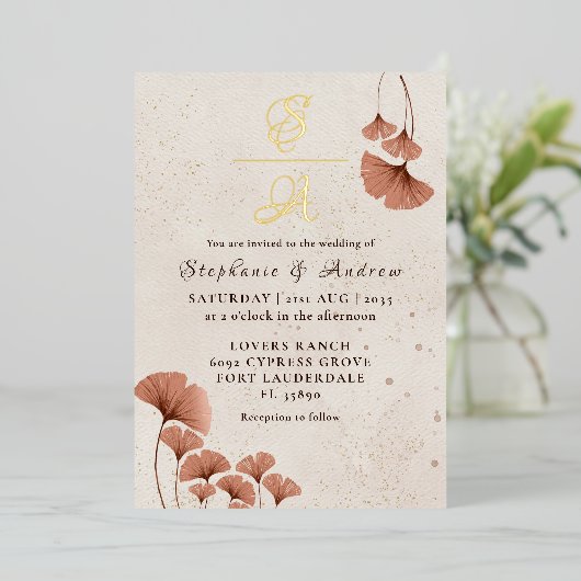 Invitation En Aluminium Rustique Terracotta & Real Gold Monogram Mariage (Debout devant)