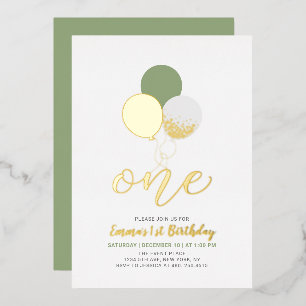 Invitation En Aluminium Sage & Ballons en Or Un 1er Anniversaire Fille