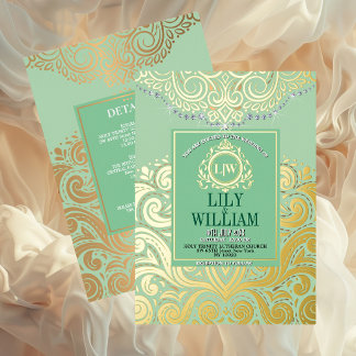 Invitation En Aluminium Sage Élégant Art Déco Diamant Monogramme Mariage O