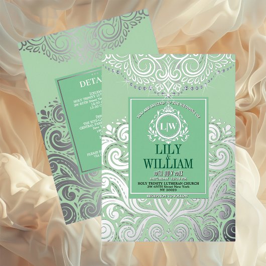 Invitation En Aluminium Sage Elegant Artdeco Diamond Monogram Mariage