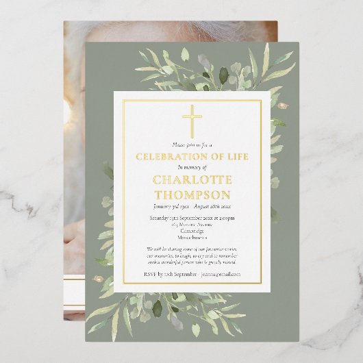 Invitation En Aluminium Sage Foliage Christian Celebration of Life Photo (Recto/Verso)