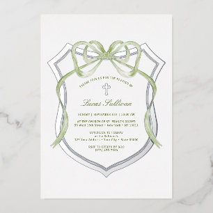 Invitation En Aluminium Sage Green Bow Silver Crest Baptisme