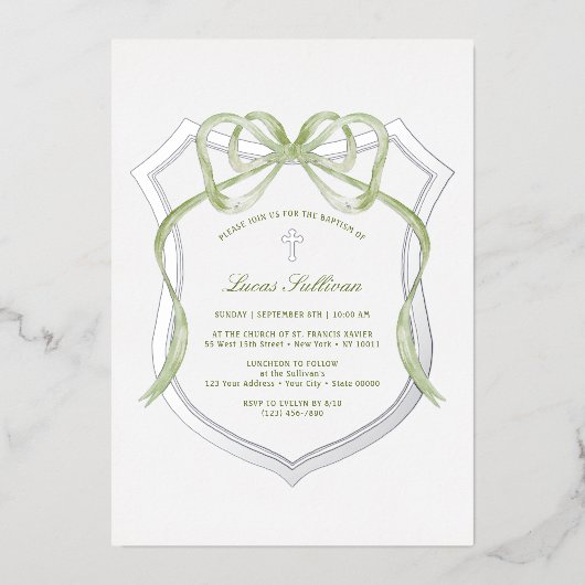 Invitation En Aluminium Sage Green Bow Silver Crest Baptisme (Recto)