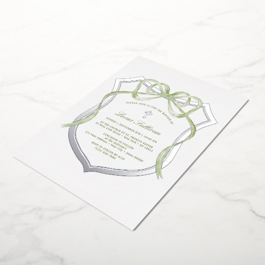 Invitation En Aluminium Sage Green Bow Silver Crest Baptisme (Rotation)
