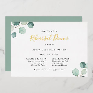 Invitation En Aluminium Sage Green Dîner de répétition Eucalyptus Gold