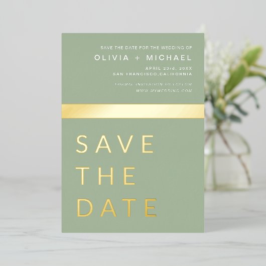Invitation En Aluminium Sage Green Enregistrer la date Elegant Gold (Debout devant)