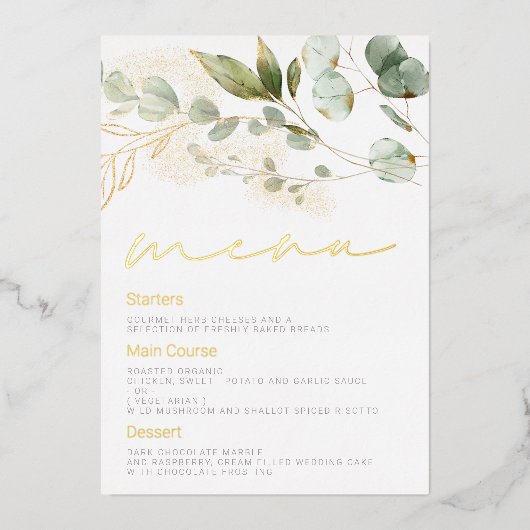 Invitation En Aluminium Sage Green Feuille Mariage Gold Foil Menu (Recto)